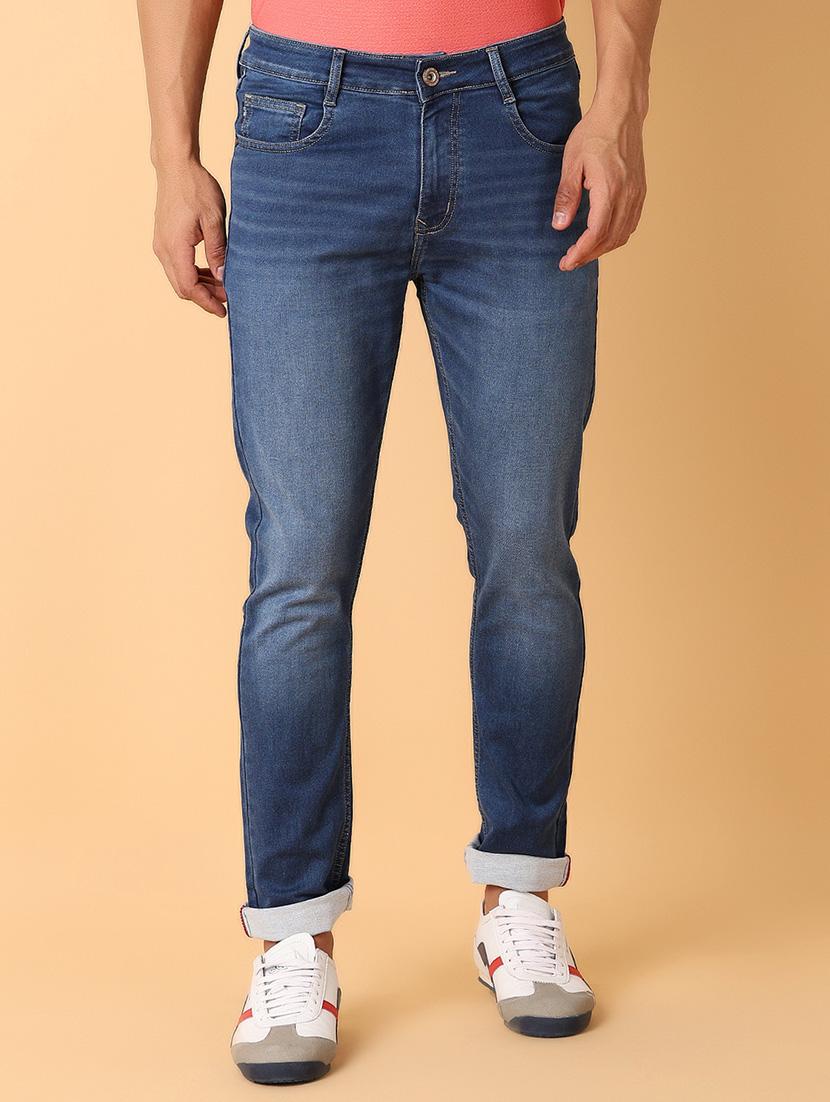 men blue mid rise plain jeans