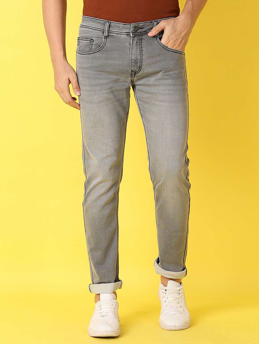 men grey mid rise plain jeans