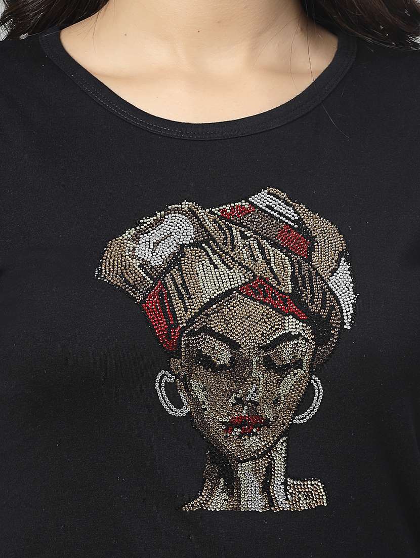 women black cotton regular t-shirt crystal work size (s-4xl) - 21490144 -  Standard Image - 5