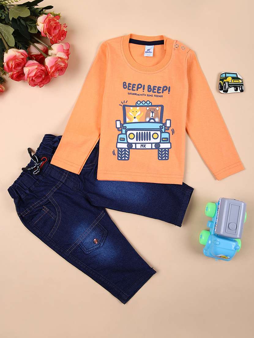 boys orange graphic printed full length set