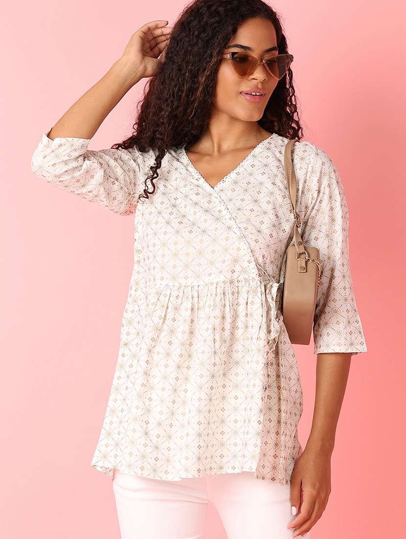 women off white printed wrap top - 21490291 -  Standard Image - 3