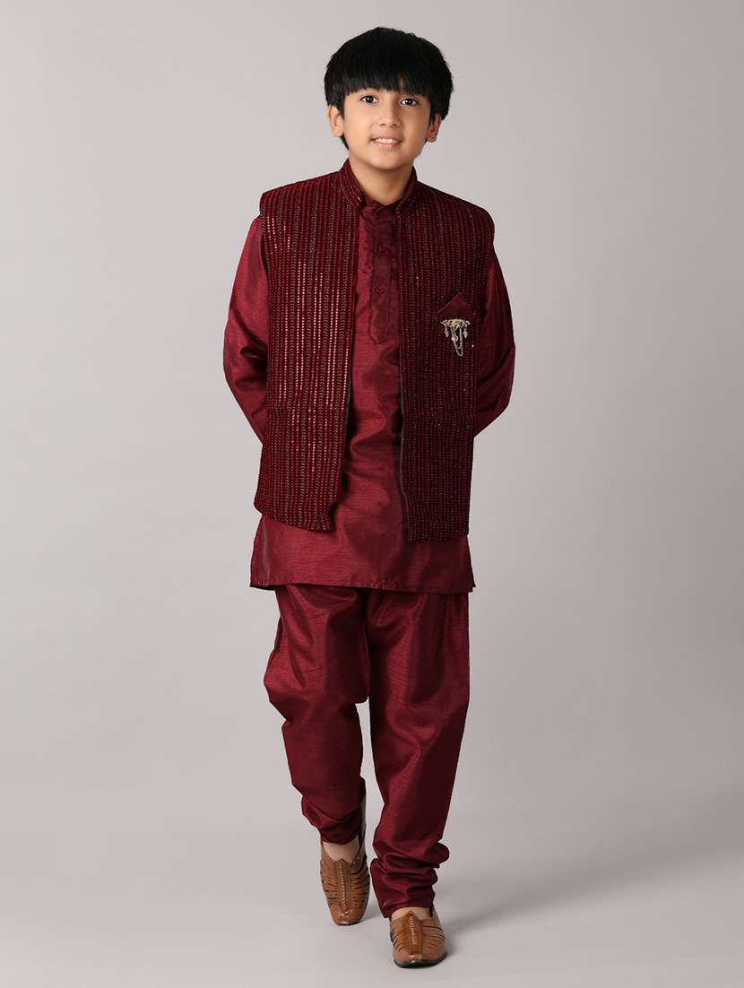 boys maroon cotton kurta set