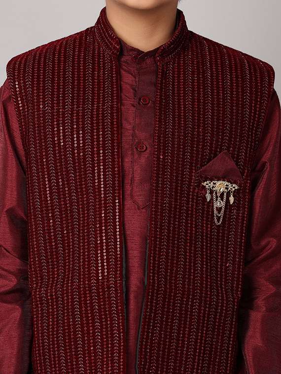 boys maroon cotton kurta set - 21490420 -  Standard Image - 5