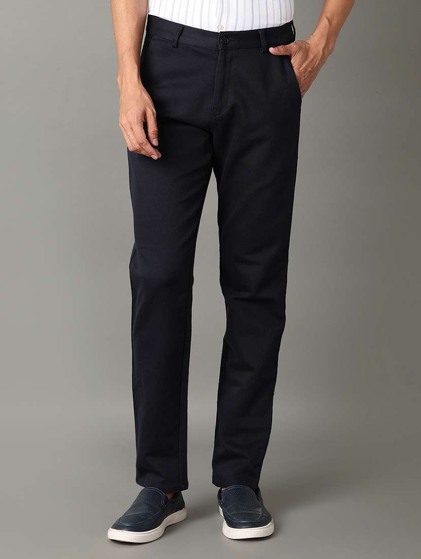 men navy blue solid chinos casual trouser