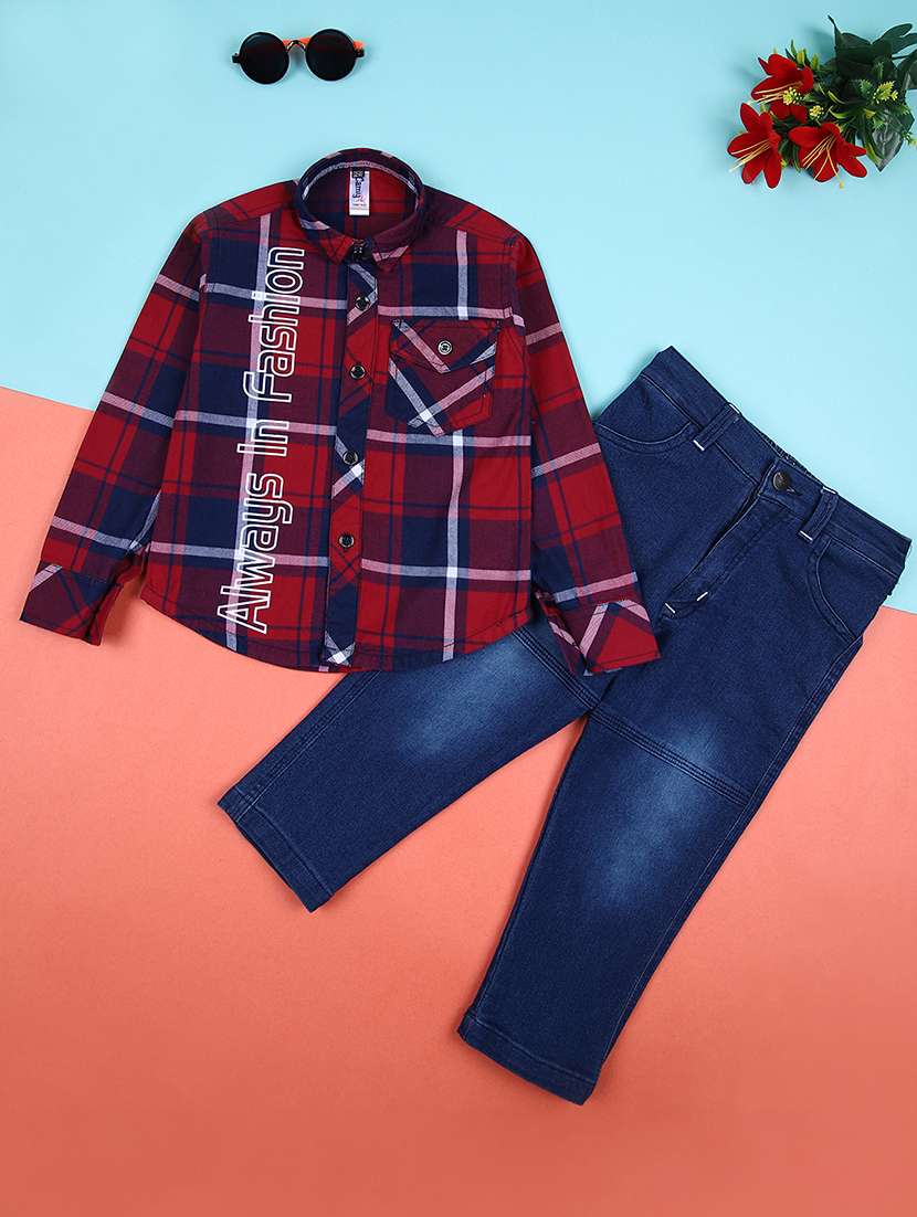 boys checked printed long sleeves shirt & jeans set - 21490973 - Zoom Image - 0