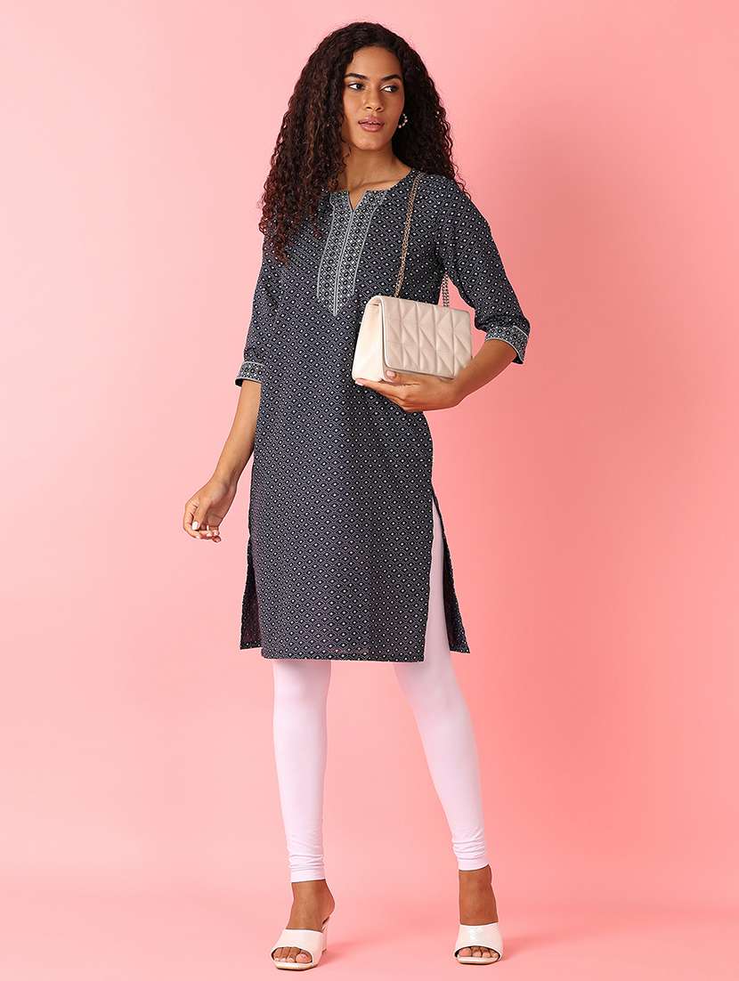 women navy blue printed straight kurta - 21491150 -  Standard Image - 3