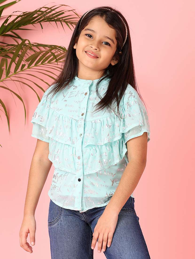 girls light blue foil print round neck top - 21491157 - Zoom Image - 0