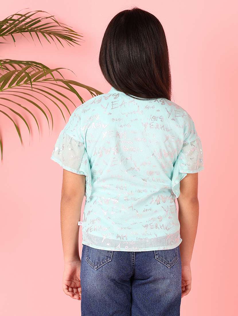 girls light blue foil print round neck top - 21491157 - Standard Image - 3