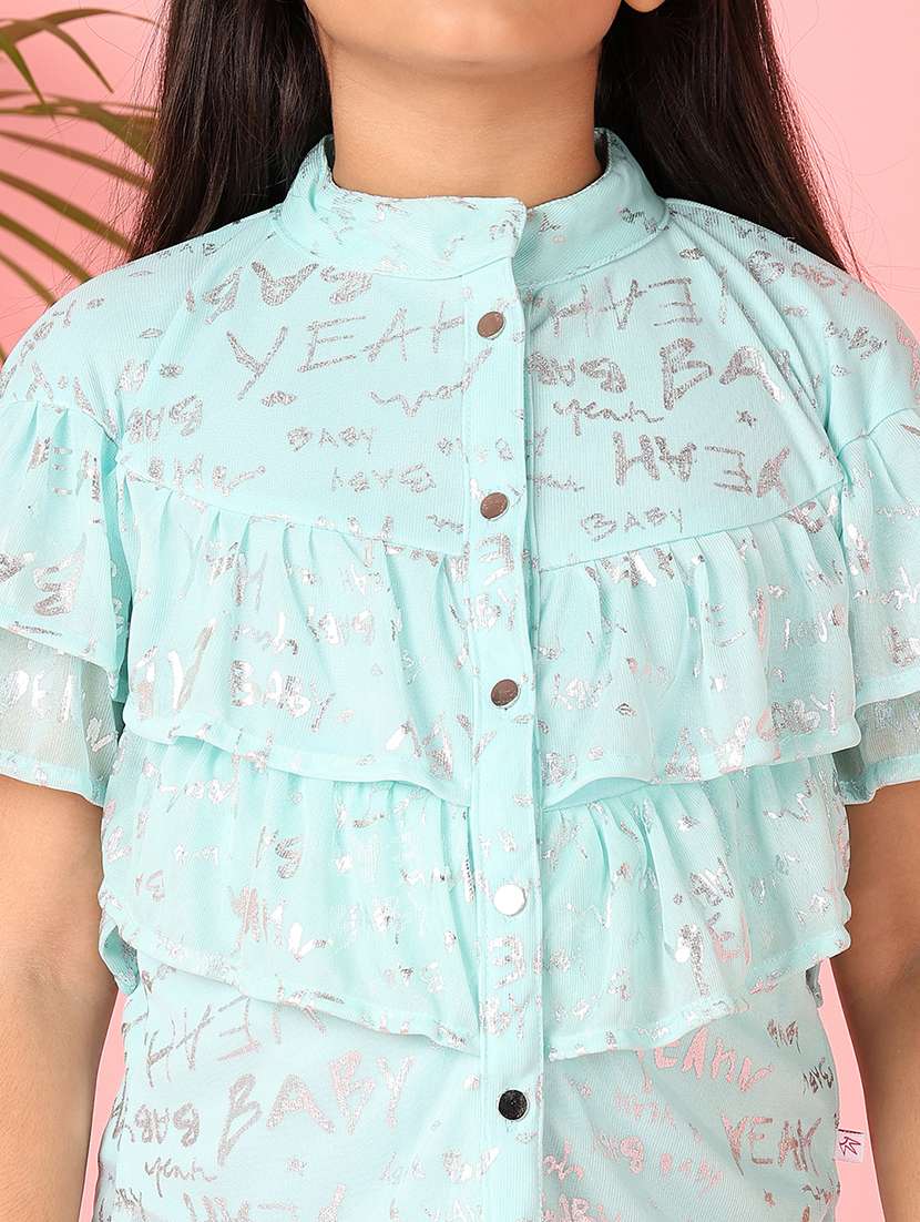 girls light blue foil print round neck top - 21491157 - Standard Image - 5