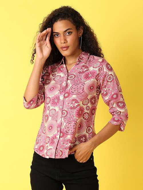 women printed three quarter sleeves collared shirt - 21491332 - Standard Image - 0