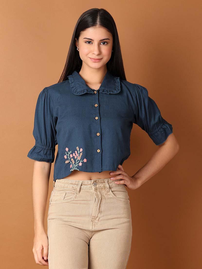 women solid puff sleeves crop top - 21491484 -  Zoom Image - 0