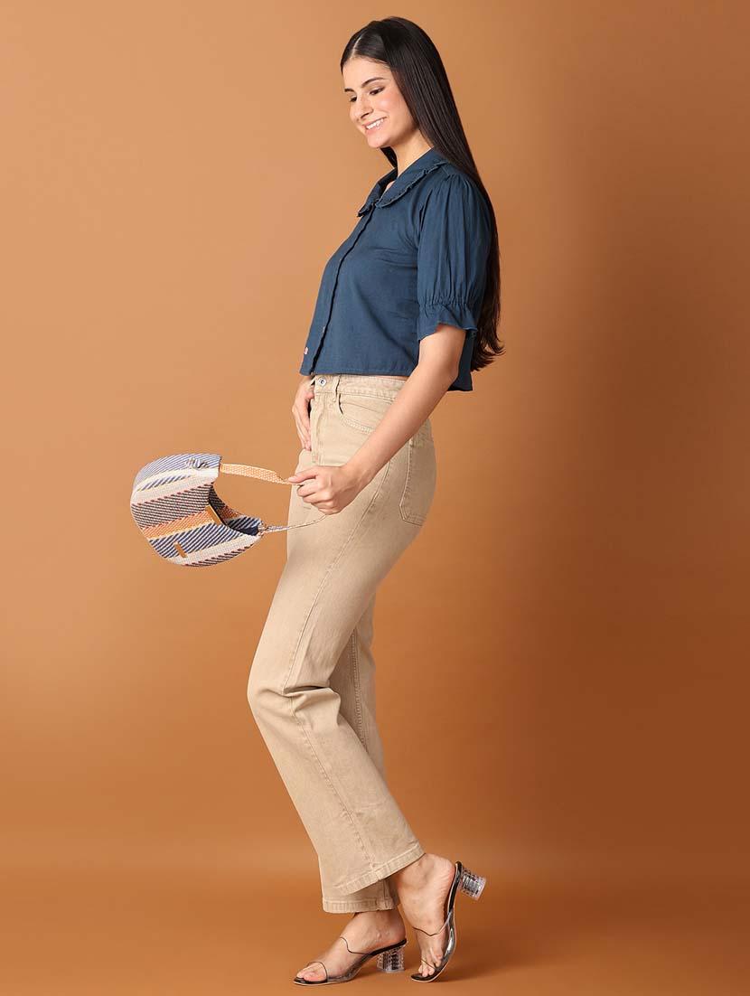 women solid puff sleeves crop top - 21491484 - Standard Image - 3