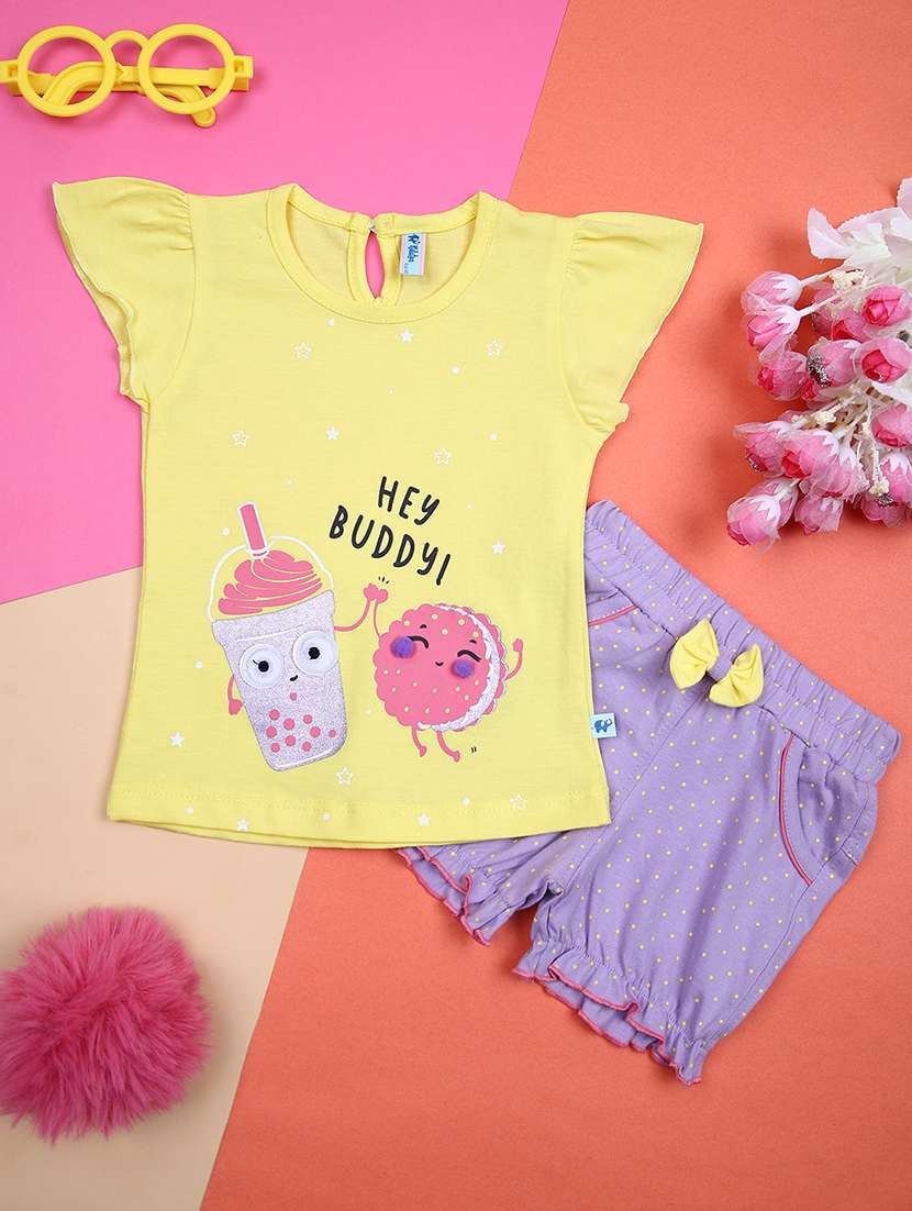 girls yellow printed shorts set