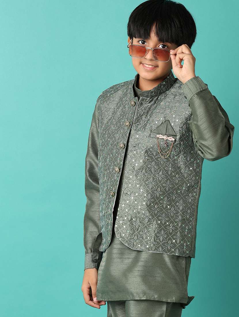 boys embroidered detailed kurta set with jacket - 21492325 -  Standard Image - 3