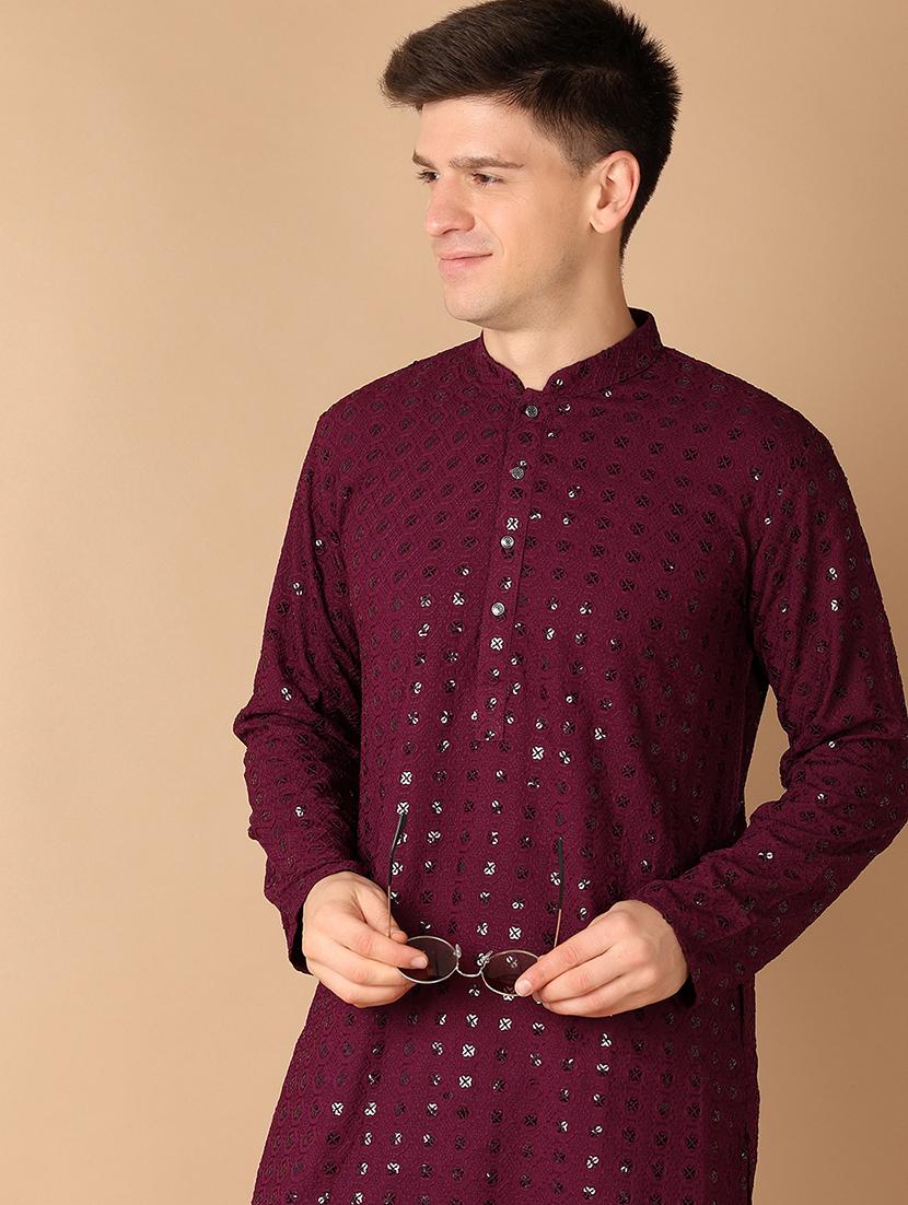 men purple self-designed kurta pyjama set - 21492335 - Standard Image - 3