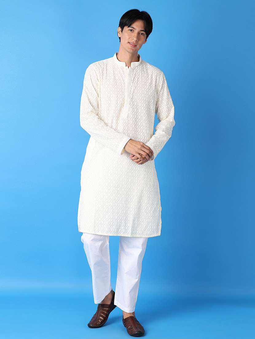 men cream self-designed kurta pyjama set