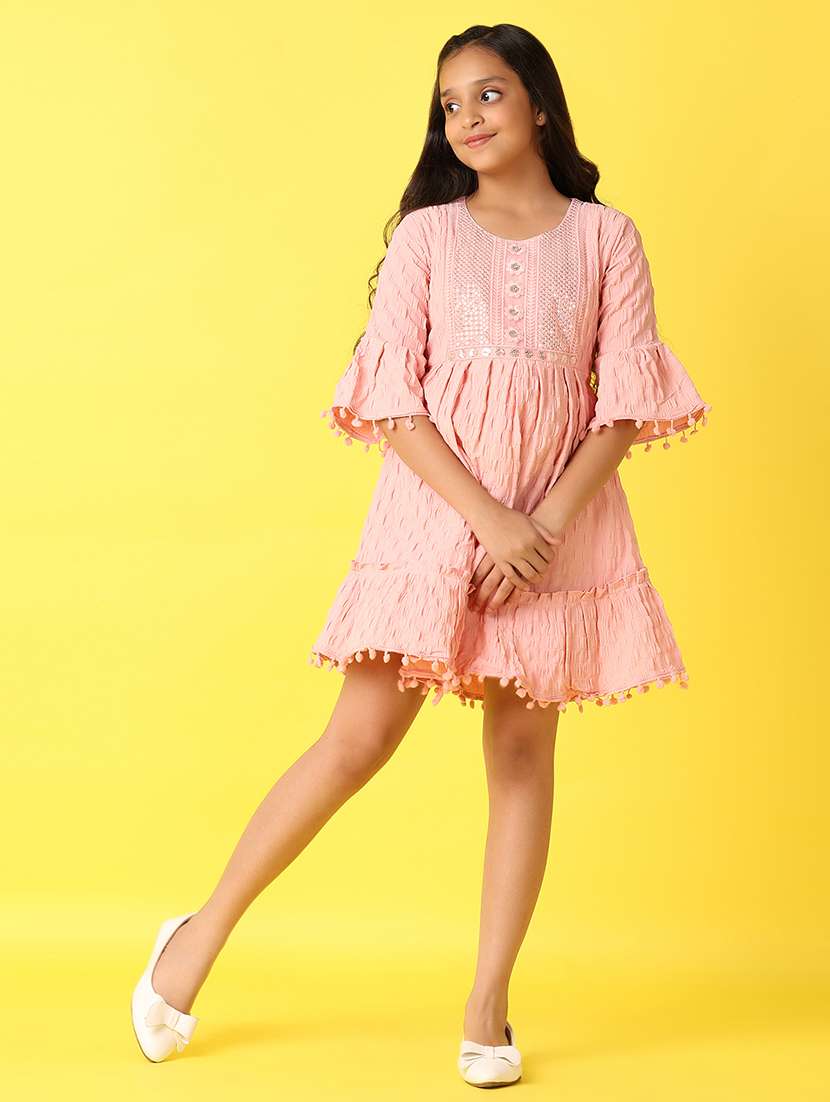 girls self design round neck fit & flare dress - 21492524 -  Standard Image - 3