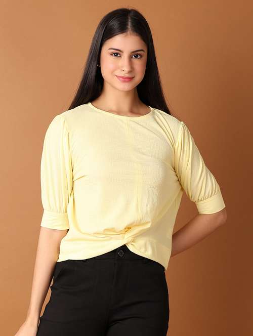 women yellow solid round neck top - 21492567 - Standard Image - 0