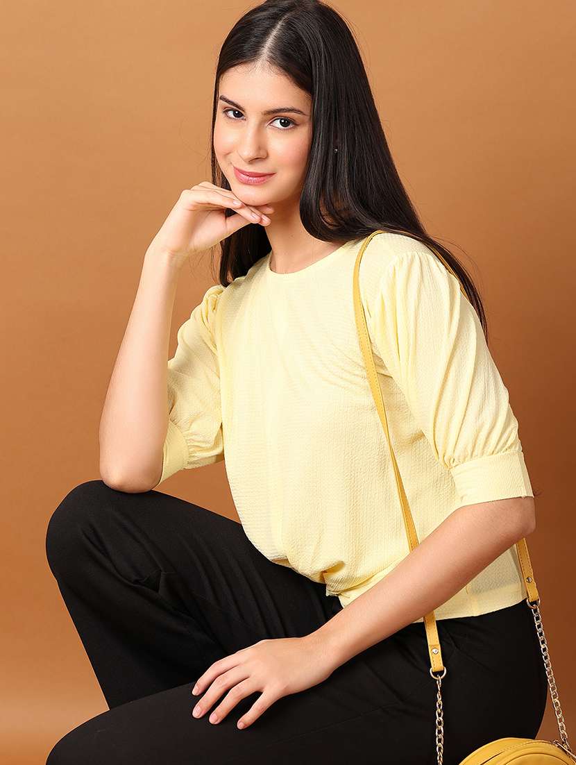 women yellow solid round neck top - 21492567 - Standard Image - 3