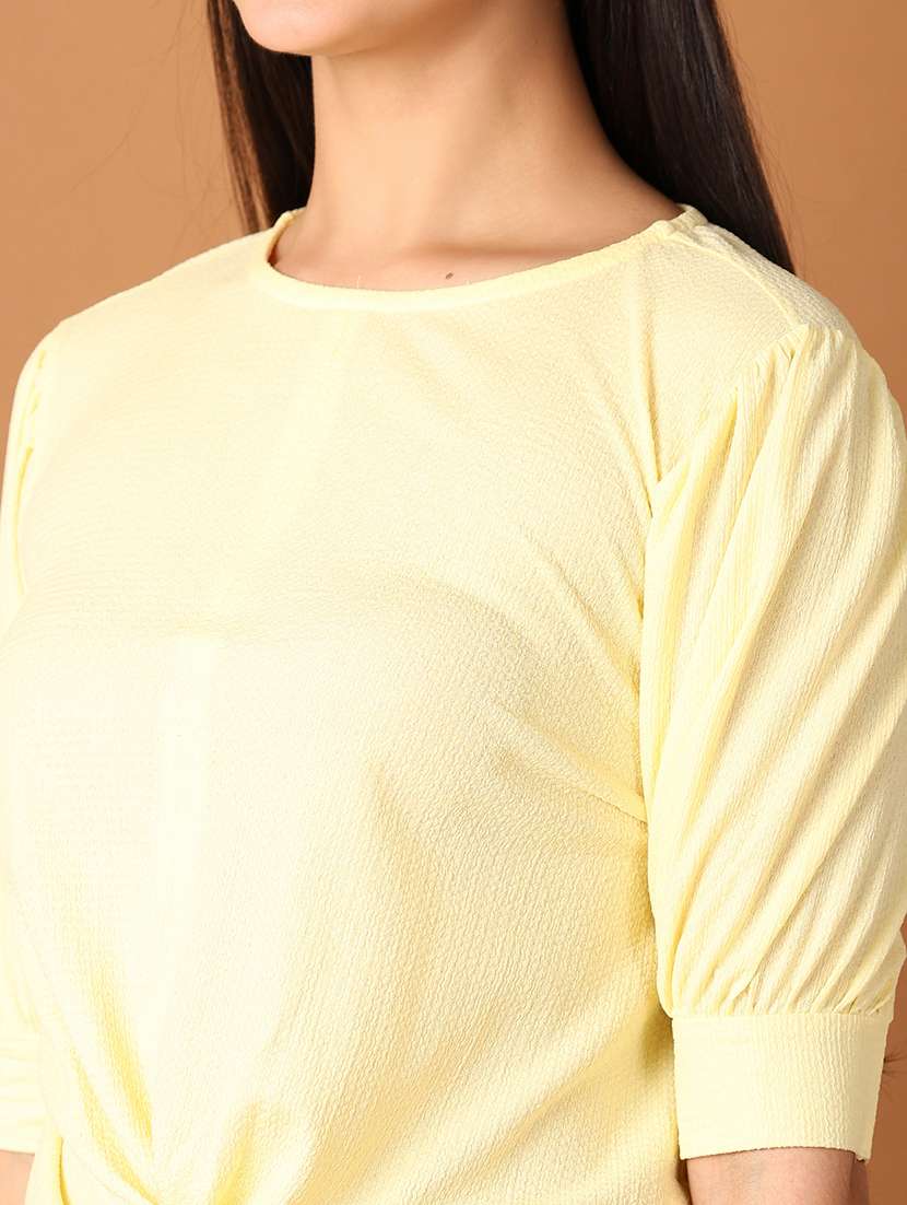 women yellow solid round neck top - 21492567 - Standard Image - 5
