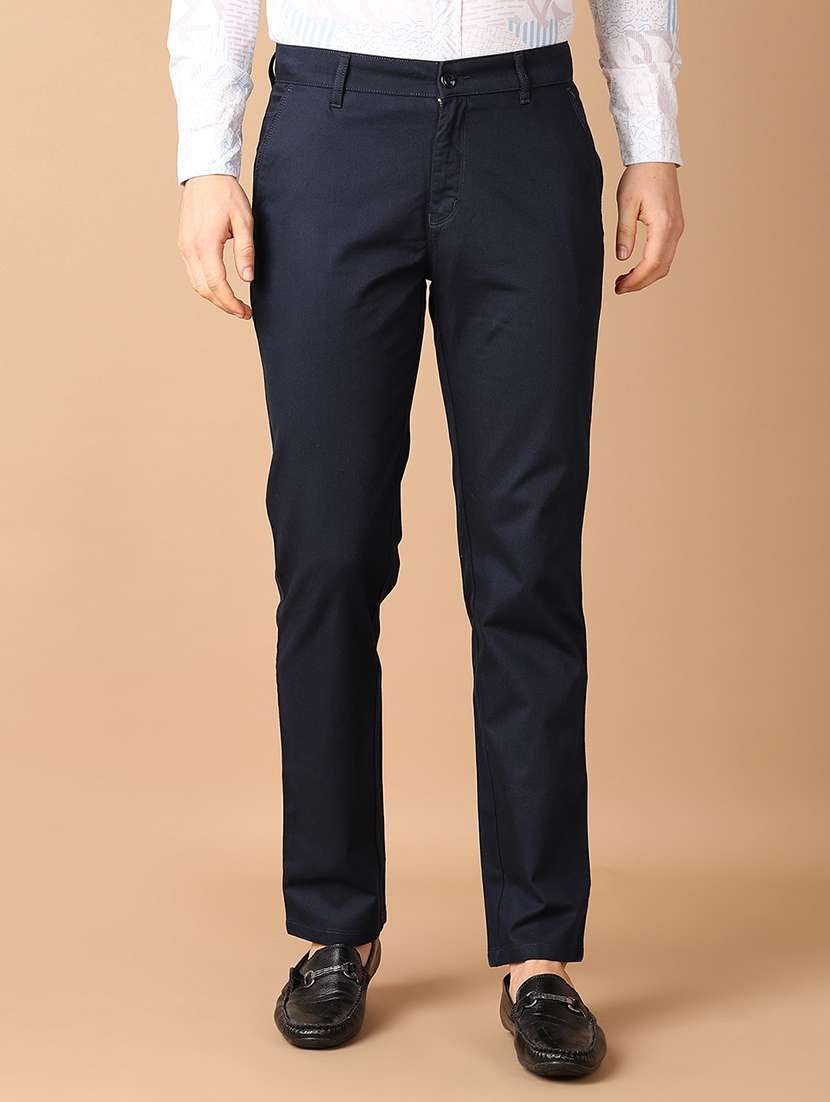 men navy blue solid chinos casual trouser