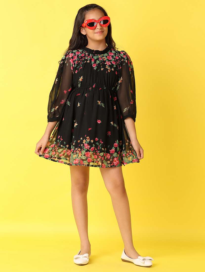 girls floral printed round neck fit & flare dress