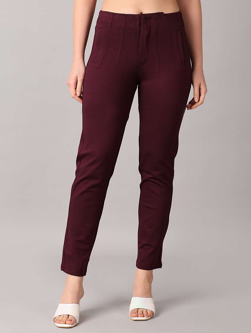 women maroon solid chinos trouser