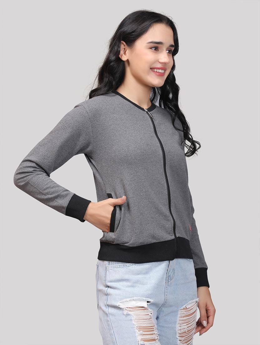 women grey melange fleece bomber jacket - 21493516 - Standard Image - 3