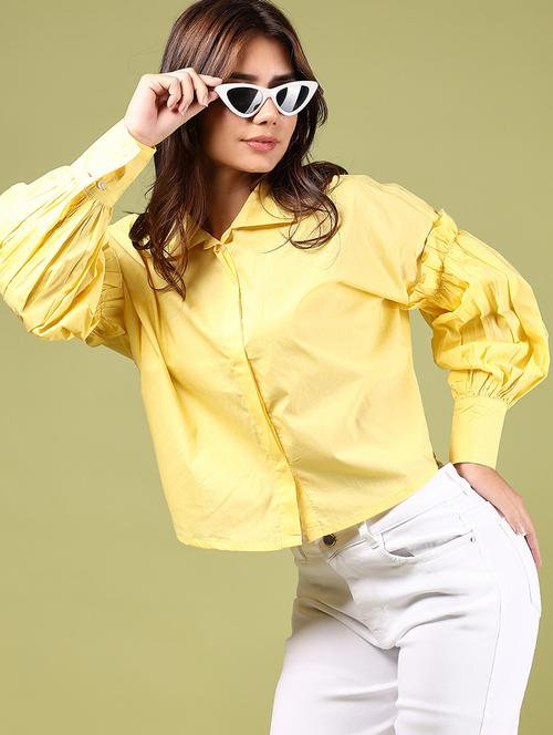 women yellow solid long sleeve shirt top - 21493644 -  Standard Image - 0