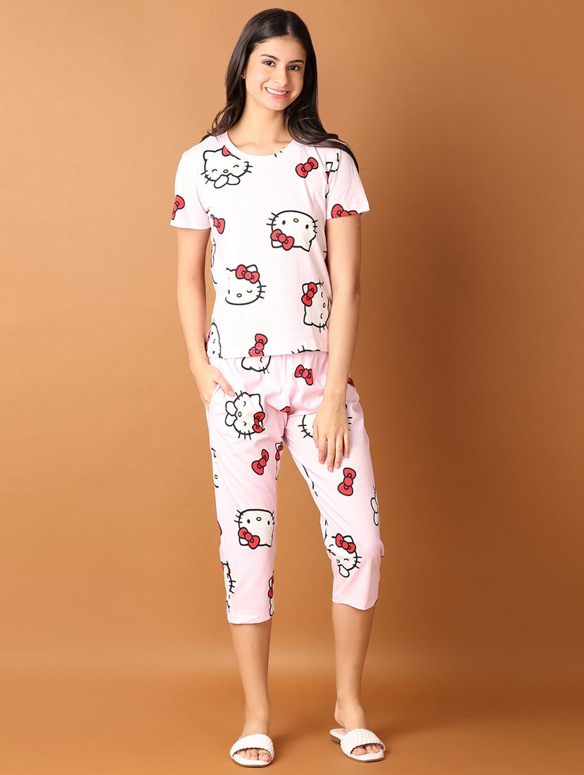 women printed round neck top & capri set