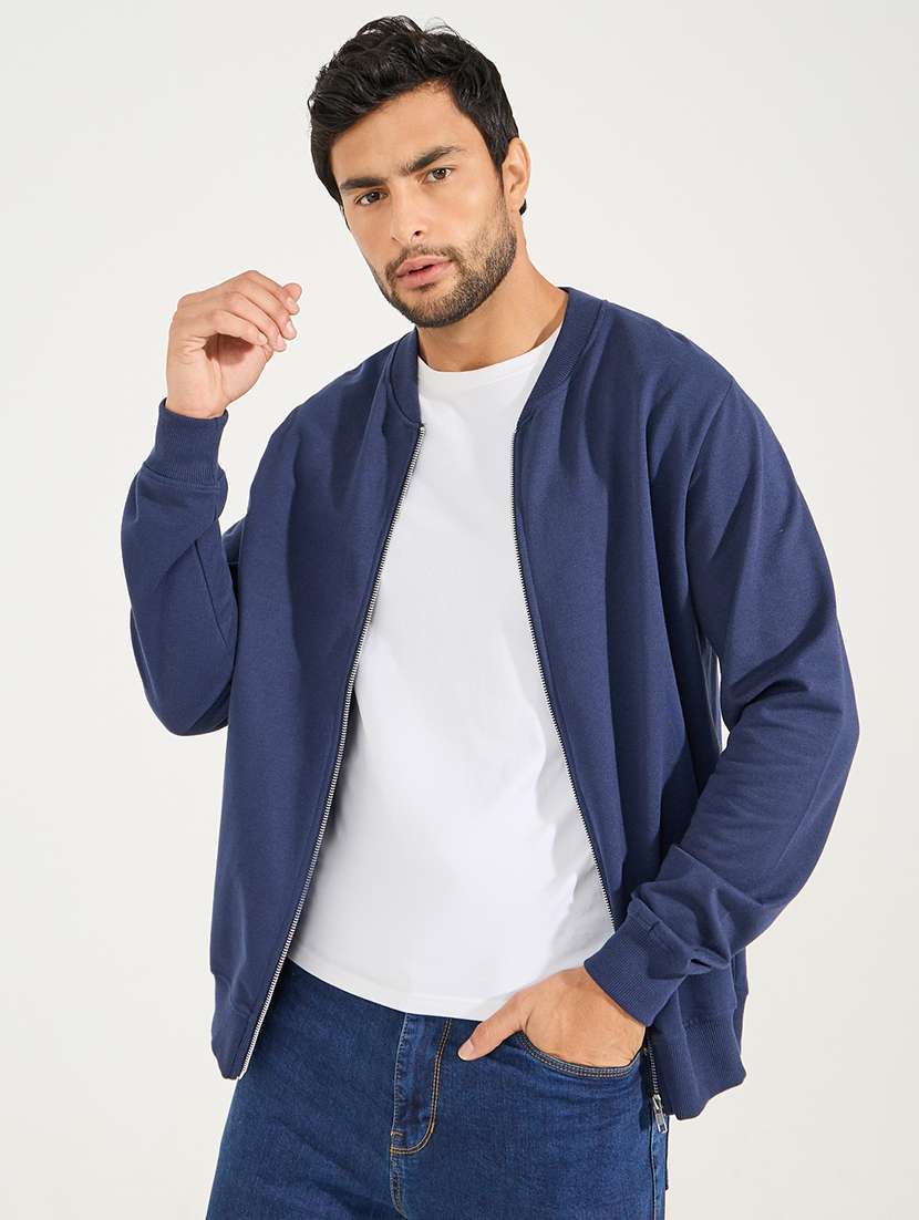 men solid navy blue cotton casual jacket