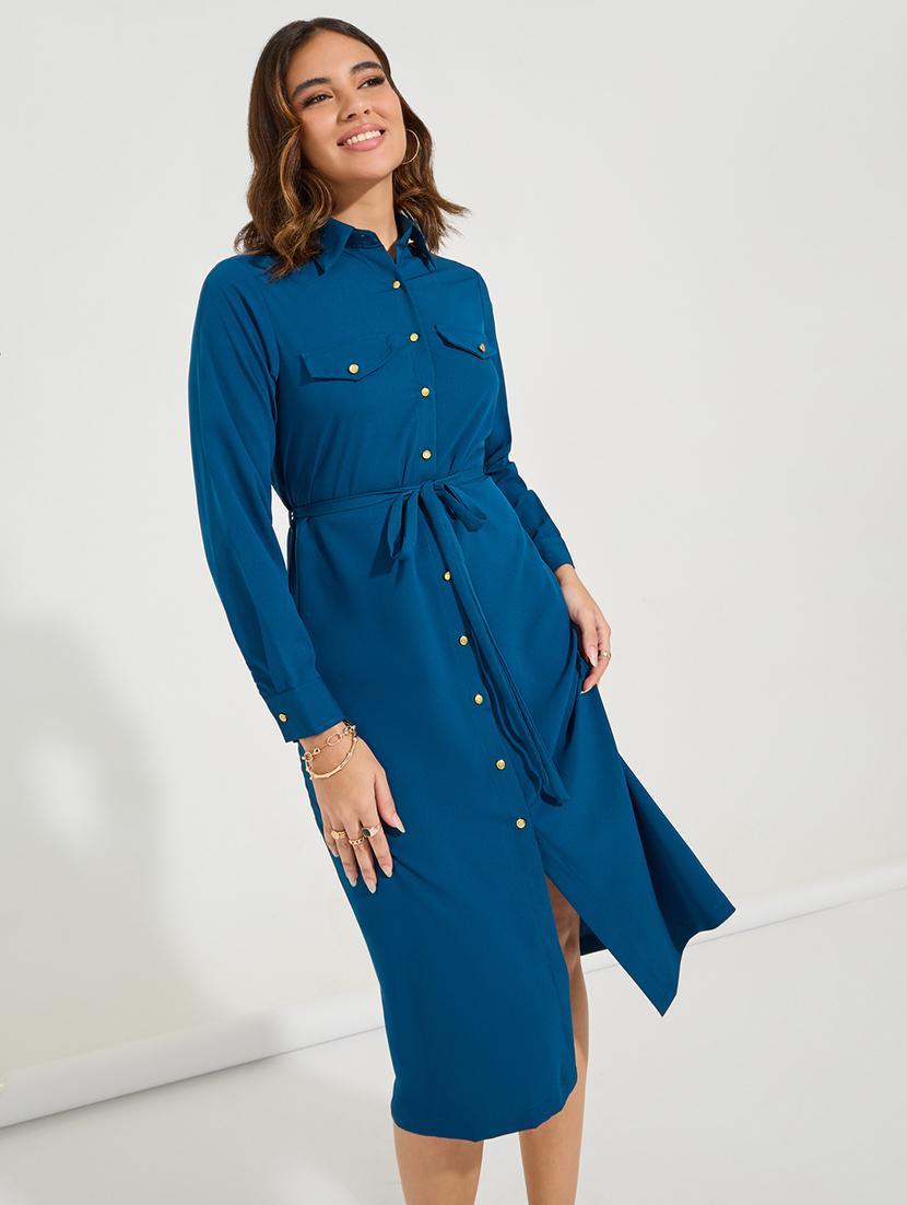 women teal polyester shirt dress - 21494334 - Standard Image - 3