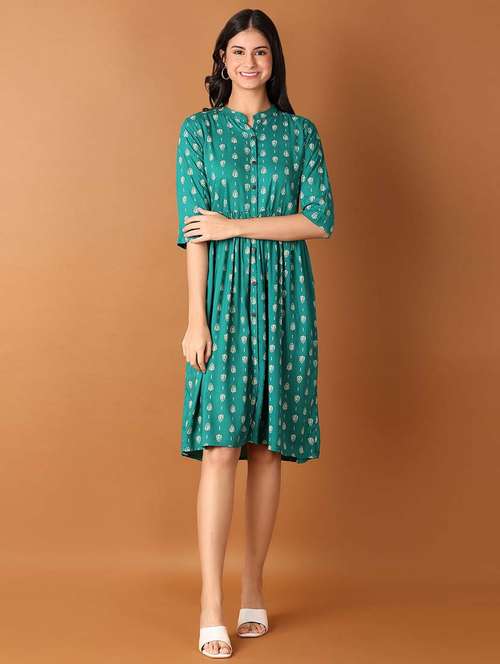 women teal printed a-line ethnic dress