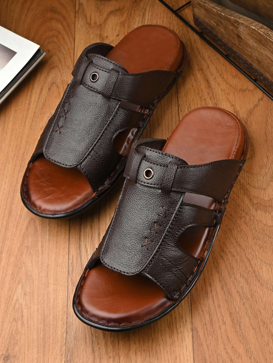 men brown slip on sandal
