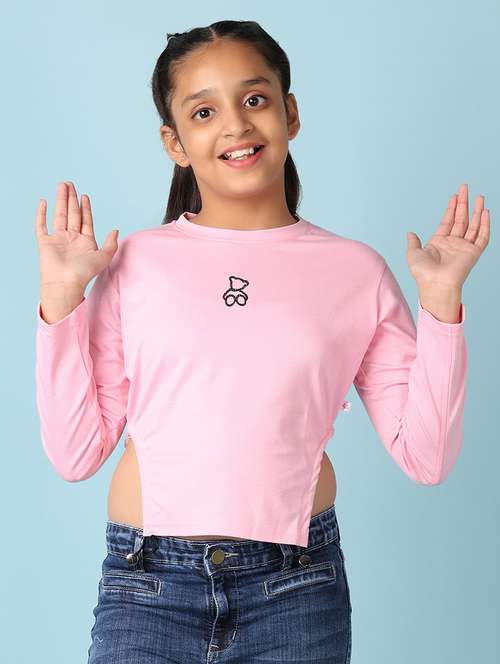 girls chest printed side cut detailed long sleeves tee - 21495235 -  Standard Image - 0