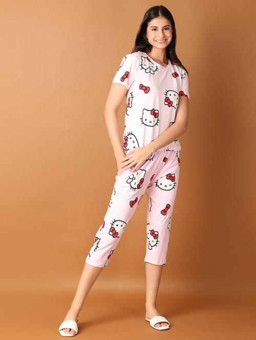 women printed round neck top & capri set - 21495380 -  Standard Image - 0