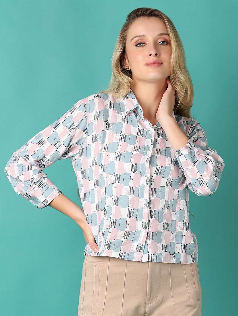 women white printed long sleeve shirt