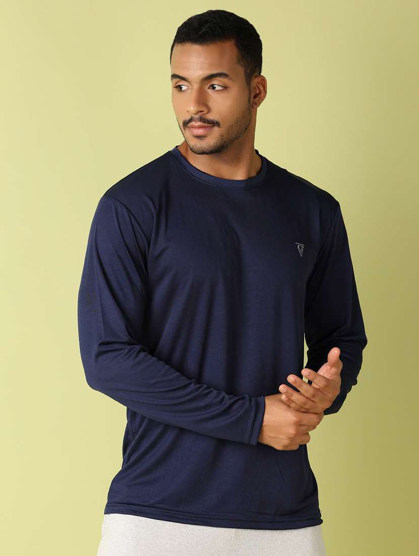 men navy blue solid long sleeve t-shirt