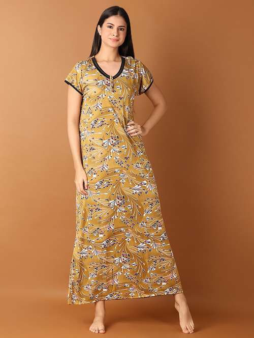 women mustard printed short sleeve nighty - 21495460 -  Standard Image - 0