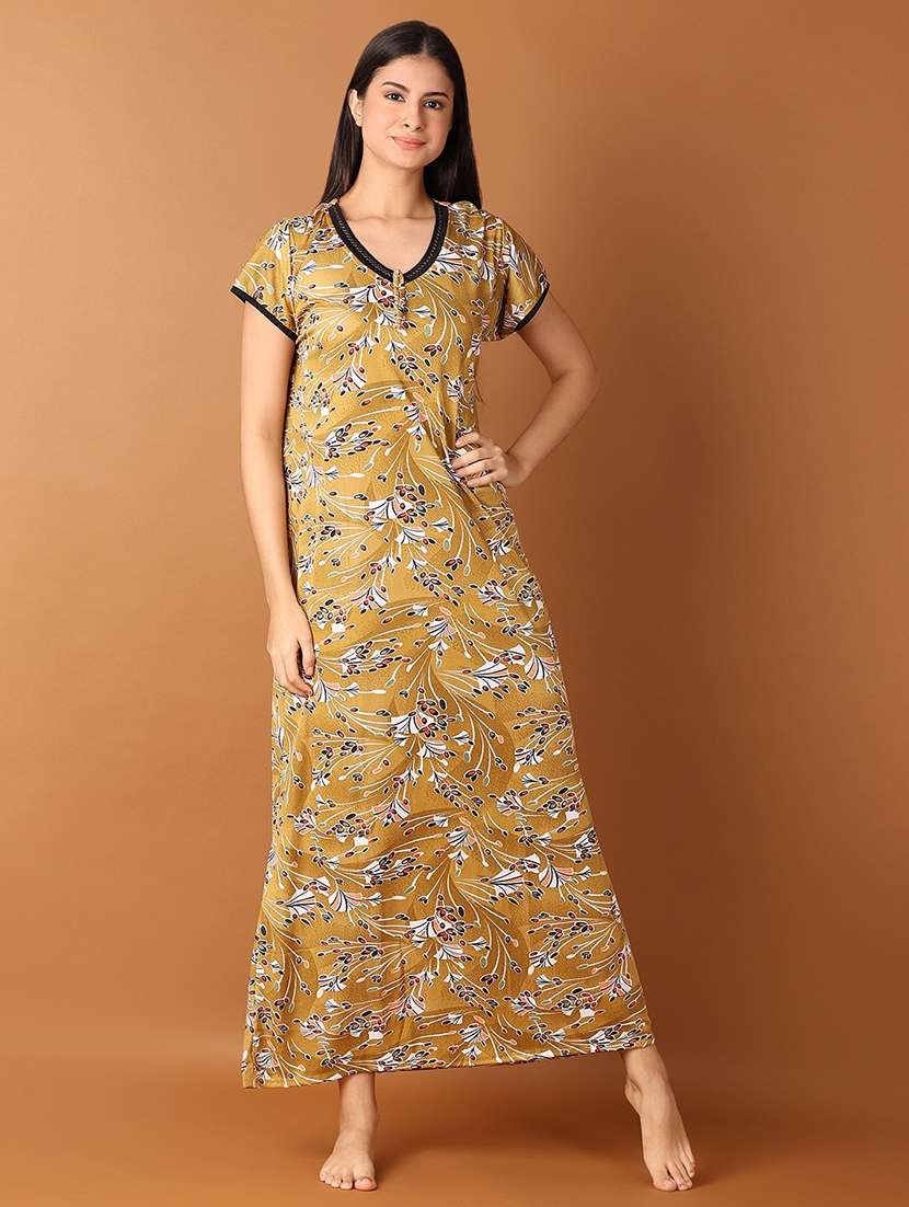 women mustard printed short sleeve nighty