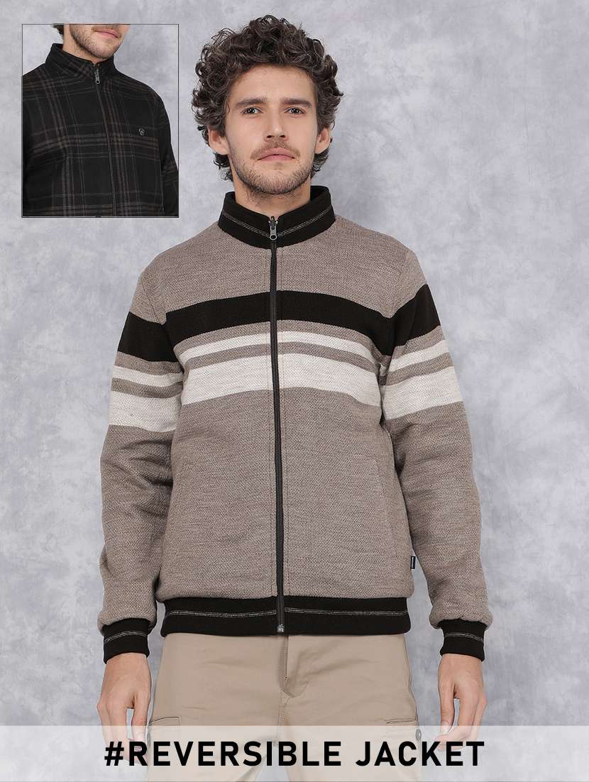 men brown polyester reversible bomber jacket
