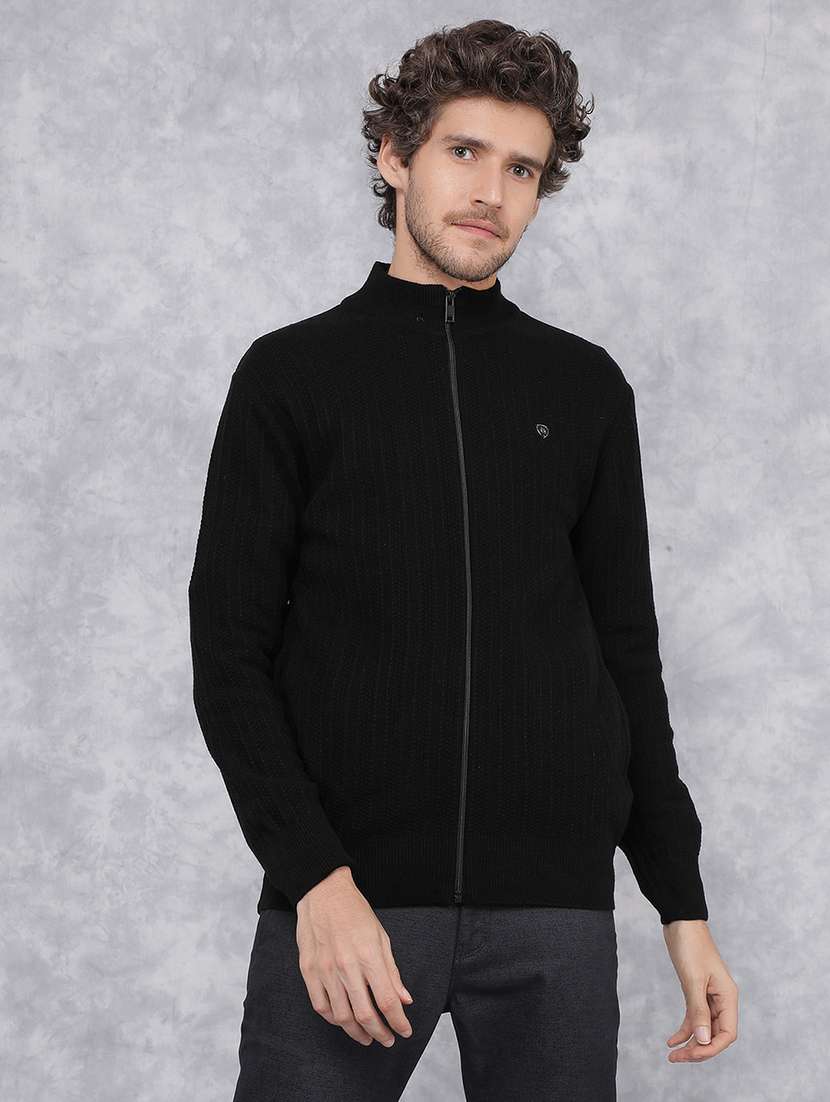 men black self design cardigan