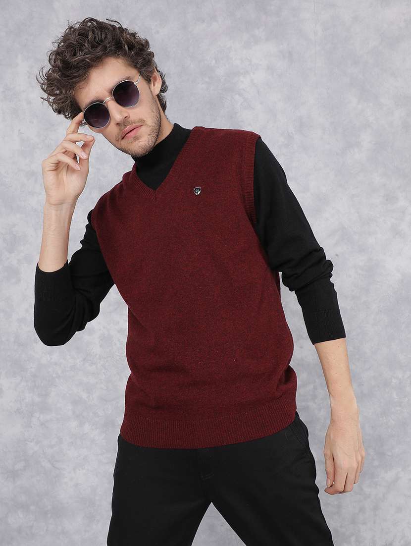 men solid maroon cotton pullover