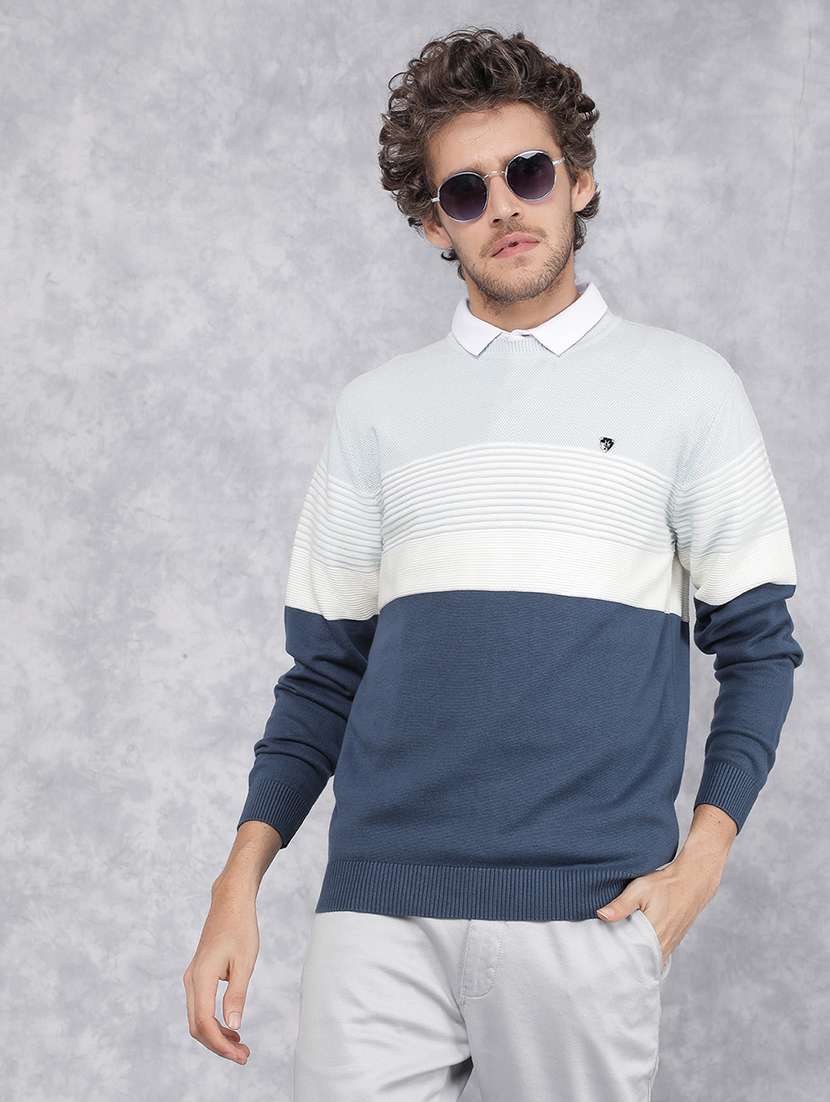 men blue colourblocked cotton pullover