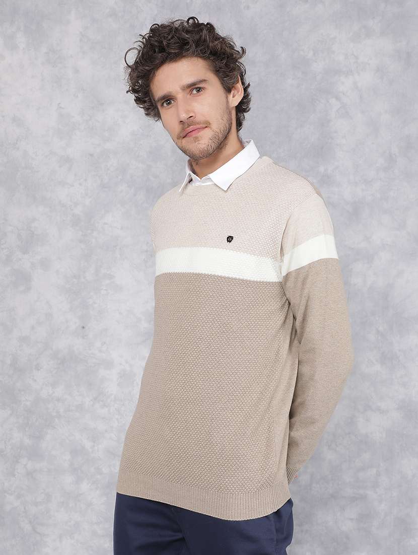 men beige colourblocked cotton pullover