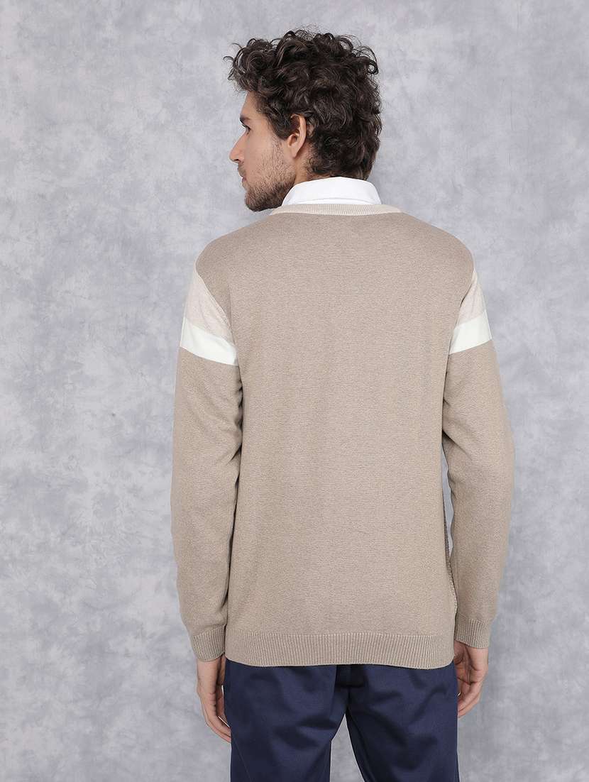 Men Beige Colourblocked Cotton Pullover - 21495845 -  Standard Image - 3