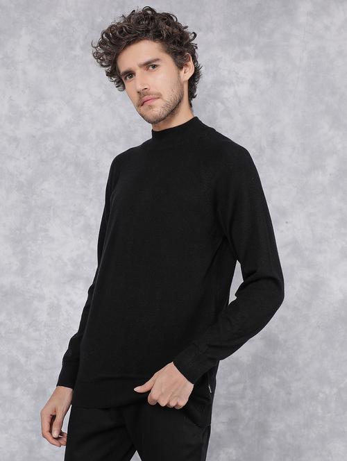 men solid black viscose pullover - 21495851 - Standard Image - 0
