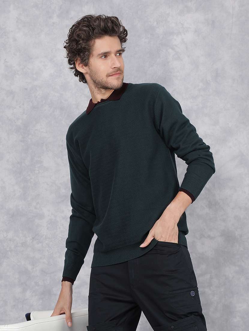men solid teal green cotton pullover