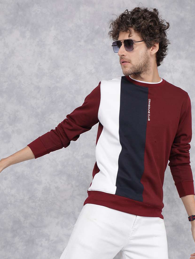 men maroon cotton blend color block sweatshirt