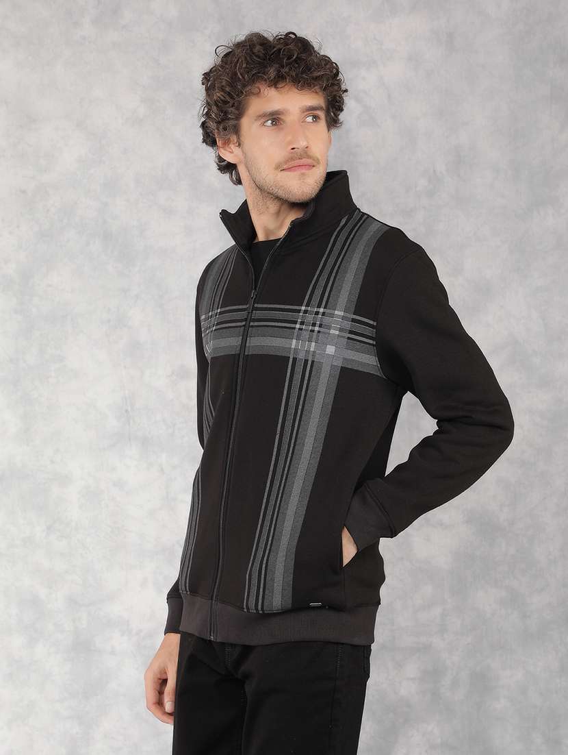 men black cotton blend printed zipper sweatshirt